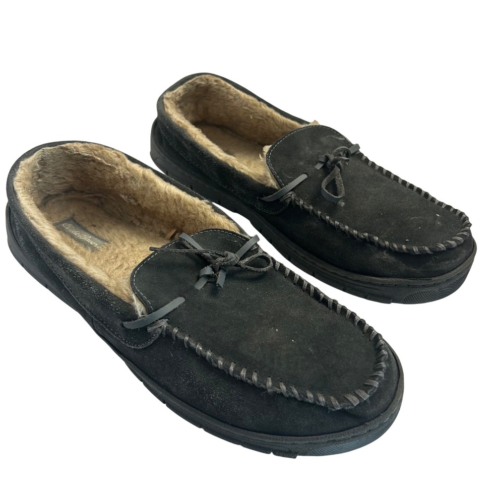 Eddie Bauer Ryan Mens Black Suede Faux Fur Lined Moccasin Slippers Size XL 11-12